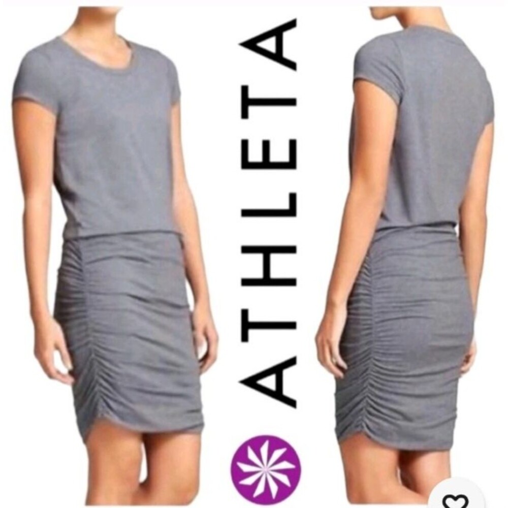 Athleta Topanga Grey Athleisure Ruched Jersey T Shirt Dress LARGE Comfy Lounge